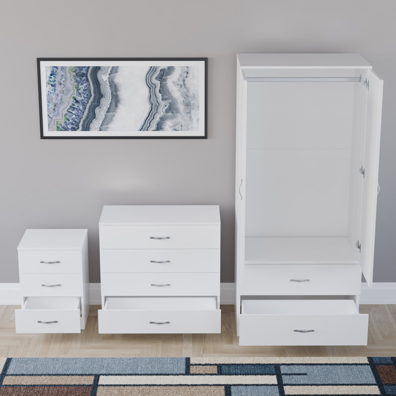 Maybery 3 Piece Bedroom Set (3 Drawer Bedside Chest, 4 Drawer Chest, 2 Door 2 Drawer Wardrobe), (4), White