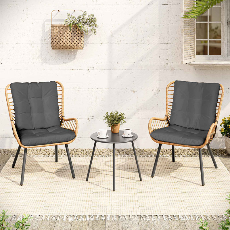 Ensemble de meubles de patio en osier à dossier haut pour 2 personnes avec coussins, Gris