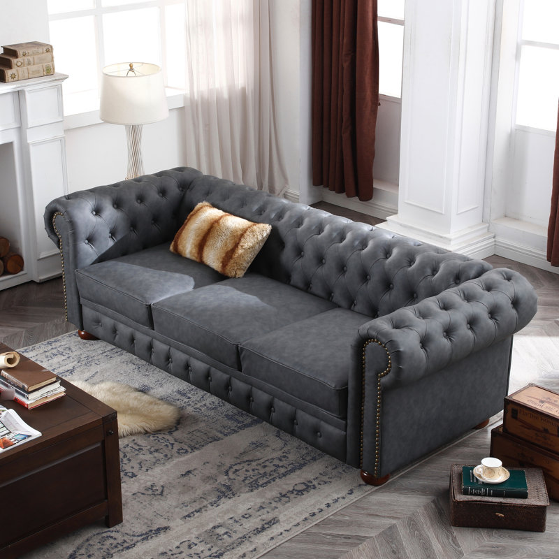 Canapé en similicuir gris foncé sans coussins décoratifs avec éponges élastiques haute densité