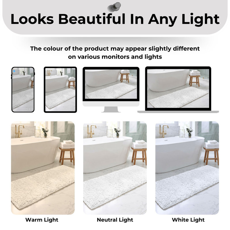 Tapis de couloir de salle de bain 100% polyester 2100 GSM Better Back Haven Collection, envers en TPR antidérapant, tapis doux, absorbant et à séchage rapide 20 po x 60 po pour salle de bain, douche, baignoire, blanc