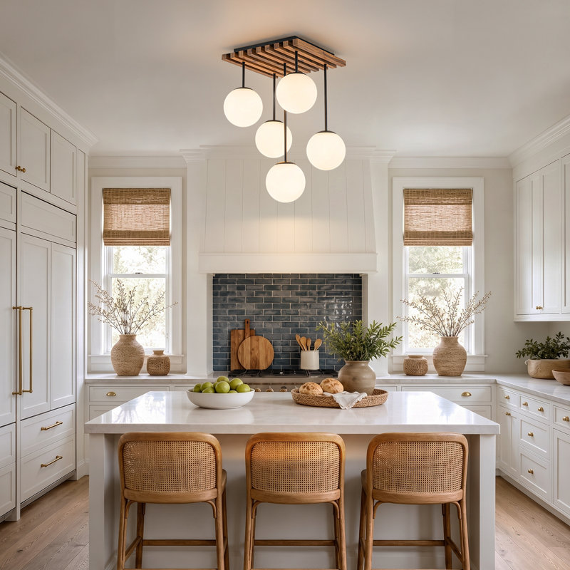 Wood Semi Flush Mount with Dangling Glass Globes
