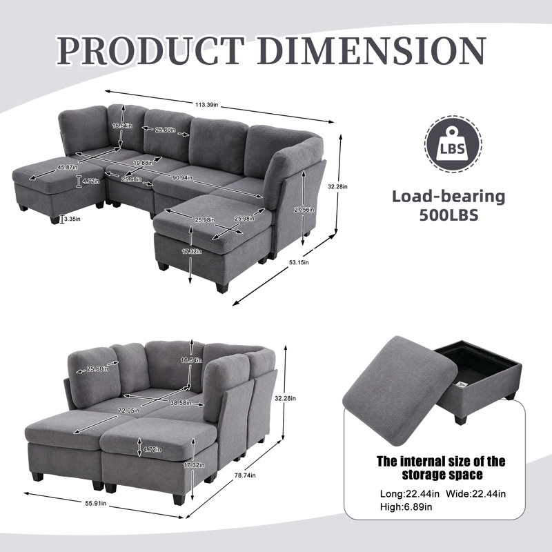 Canapé-lit modulaire moderne de 6 pièces avec assise profonde et canapé modulaire rembourré pour salon, chambre à coucher