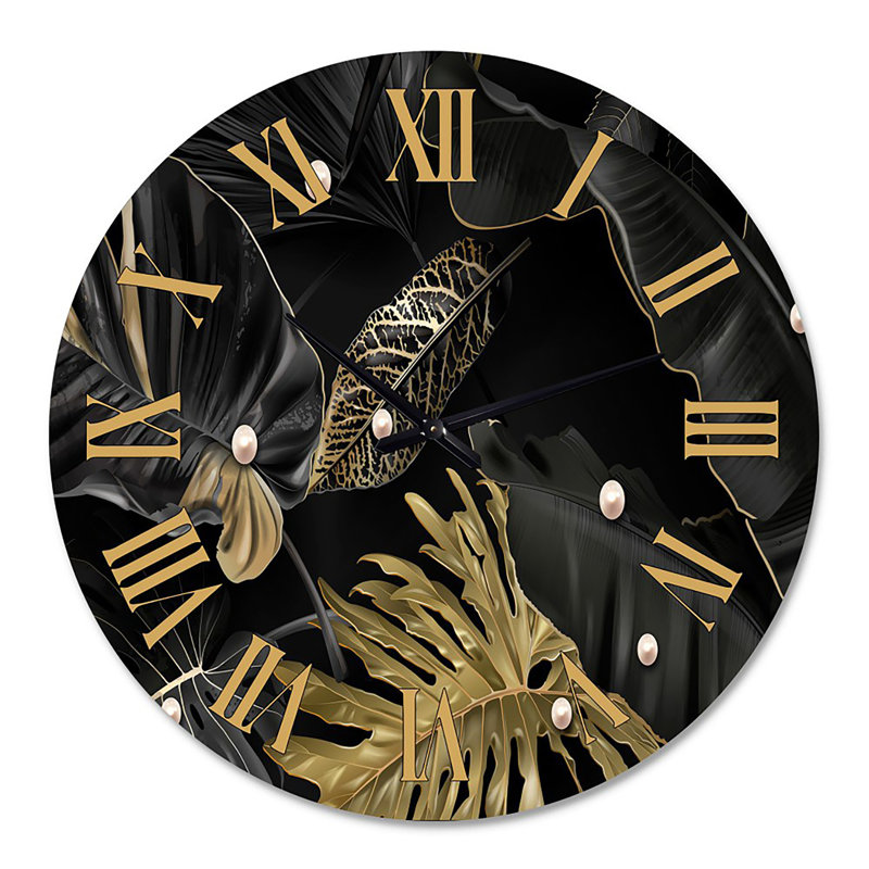 Feuilles tropicales noires et dorées III - Horloge murale moderne, Grand