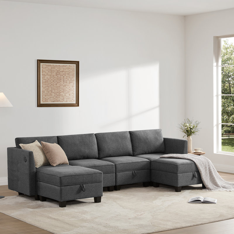 Canapé modulaire de rangement 6 pièces avec rangement USB et Type C, Polyester gris foncé