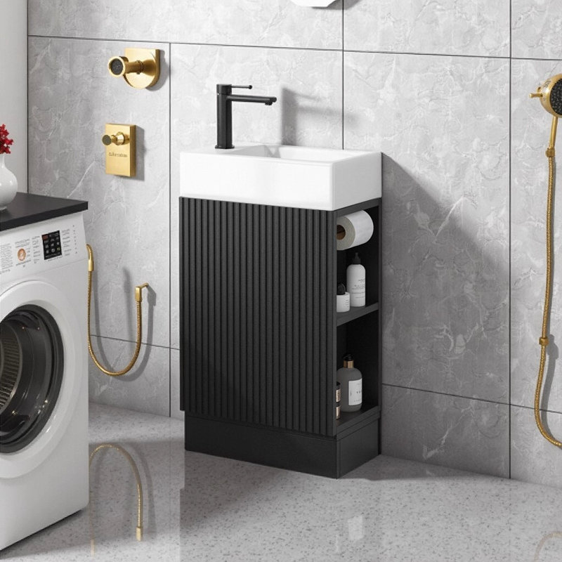 Meuble-lavabo simple moderne 18,6 po avec lavabo en céramique et tablette à deux niveaux, armoire en panneau de fibres à densité moyenne noir