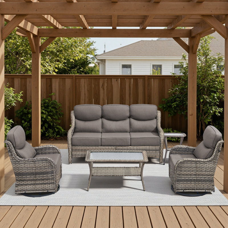 Ensemble 5 pièces de canapé de patio et de chaises pivotantes en osier avec table basse, Gris, Grey