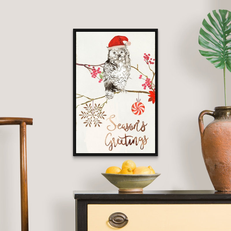 Christmas Owl II - reproduction d'art textuel sur toile, Cadre noir, H 26 po x l 18 po x P 1,75 po