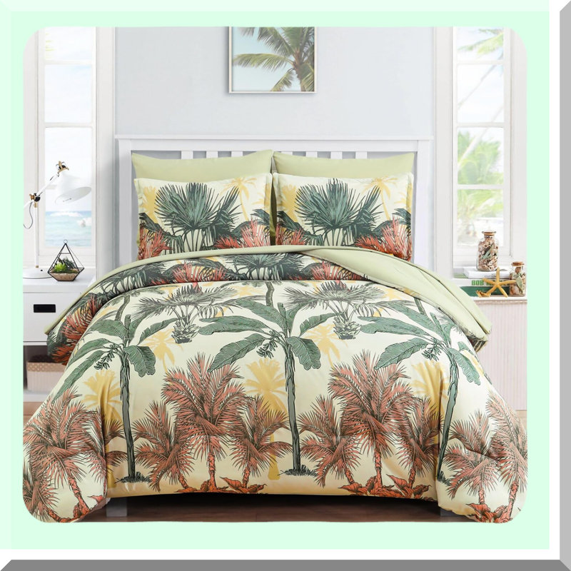 Tropical Oasis 7-Piece Botanical Bedding Set - Green Palm Tree Comforter, Soft Microfiber Sheets, Reversible Design, Pillow Shams & Cases - All-in-One Bed in a Bag