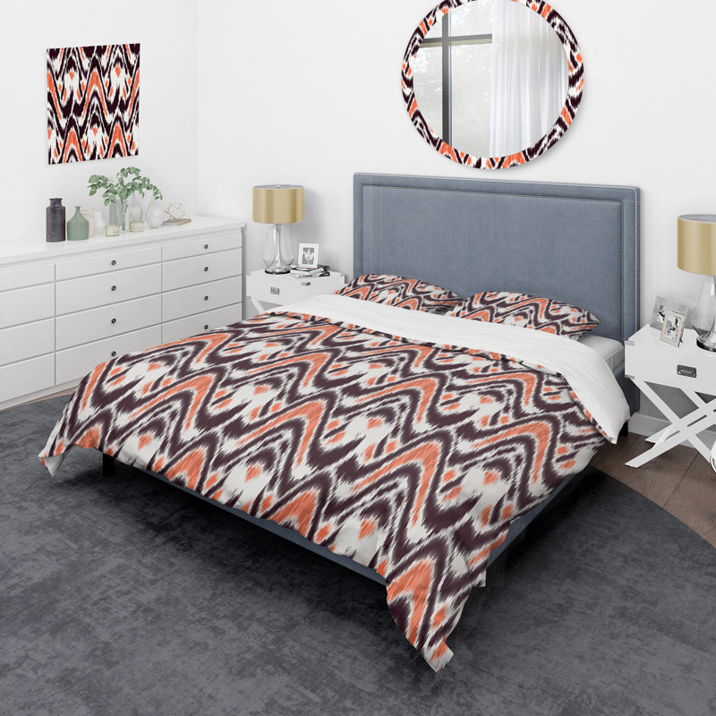 Ensemble de housse de couette blanc et orange Ikat Ogee, Housse de couette pour très grand lit et 2 très