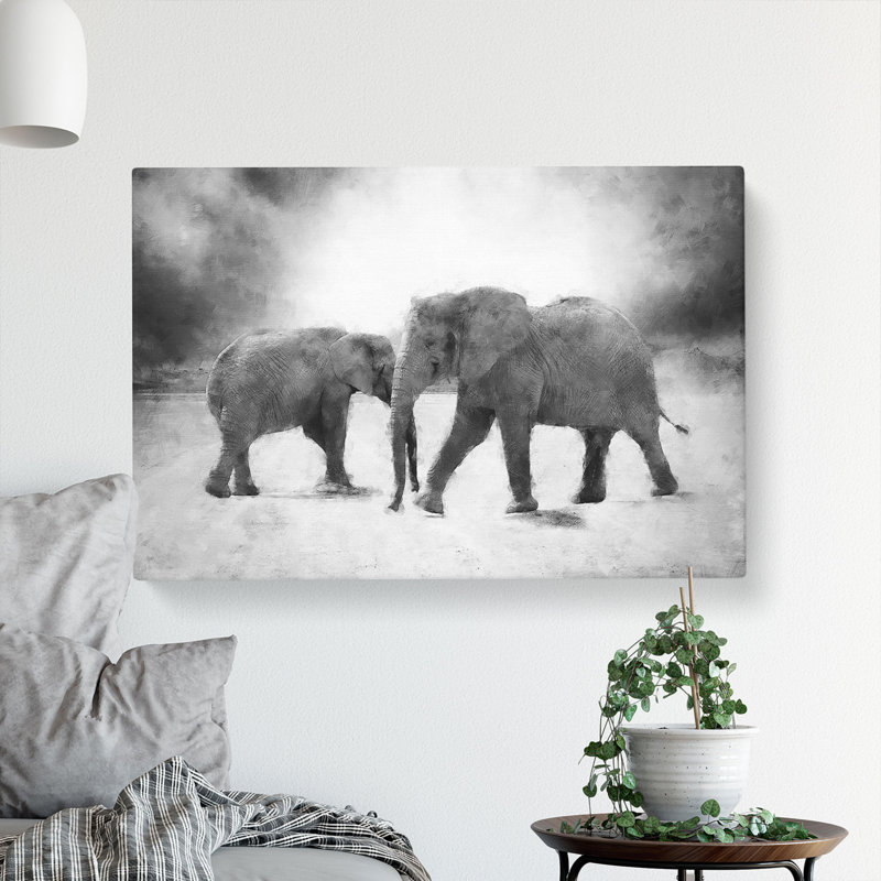 Elephants Crossing Paths Painting - Wrapped Canvas, 40cm H x 60cm W x 3cm D