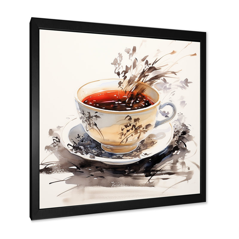 Red Red Teacup Delight I - art mural chinois, Cadre simple noir, H 16 po x l 16 po x P 1 po