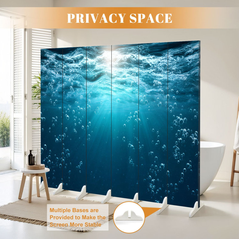 Paravent pliant à 6 panneaux, séparation de pièce, motif vagues océaniques et bulles sous-marines bleu royal, en toile, autoportant, cloison de protection pour plus d'intimité
