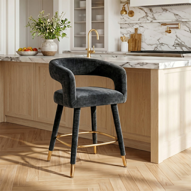 Tabouret de bar 24 po à hauteur de comptoir avec dossier en tonneau ouvert et repose-pieds doré, Black
