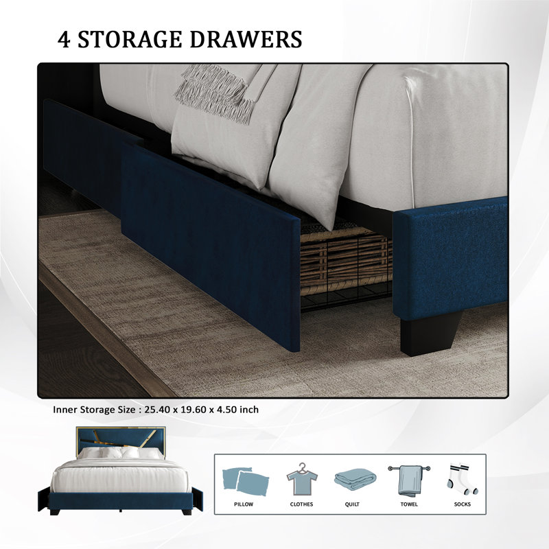 Dziadon Upholstered Unfinished Platform Storage Bed, Queen, Navy Blue