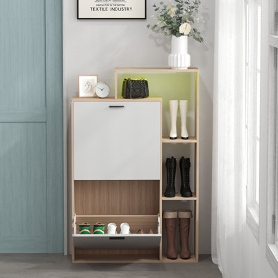 Rangement à chaussures multifonctionnel de 62,99 po avec porte rabattable et tablettes de rangement ouvertes