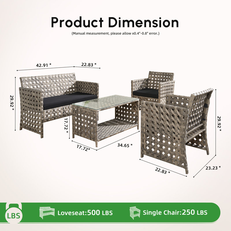 4 - Person Outdoor Wicker Rattan Loveseat Seating Group With Cushions, Black