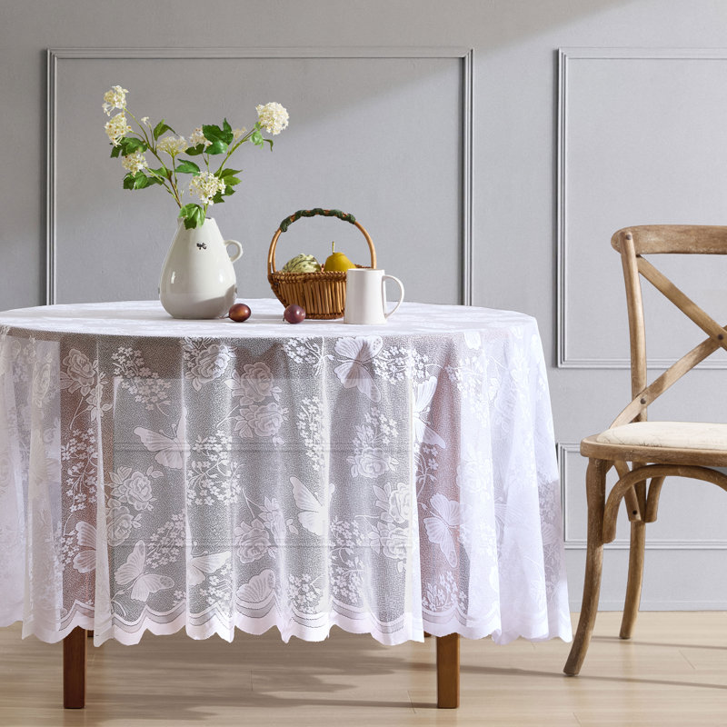 August Grove® Dearia Floral Lace Fabric Tablecloth, Lace Fabric Table Cloth for Round Tables, Wrinkle Resistant Tablecloth, Patterned Scalloped Tablecloth (Round)