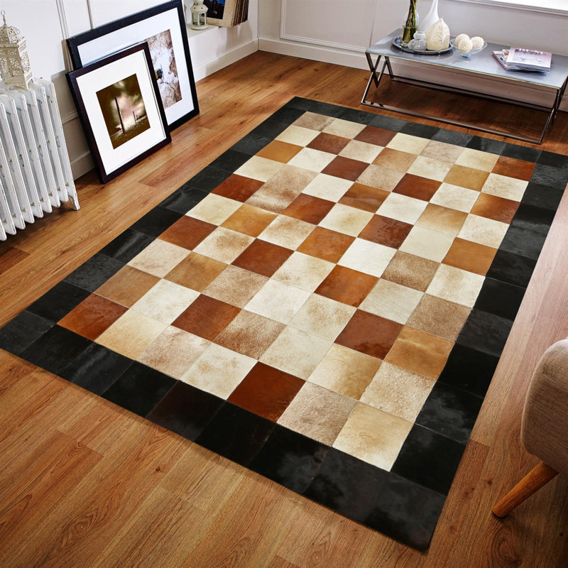 Tapis en cuir de vache à carreaux, tapis de salon moderne, Rectangle 8 pi 9 po x 12 pi