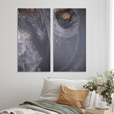 " Golden On Grey Liquid Art Ripples " 2 - Pieces