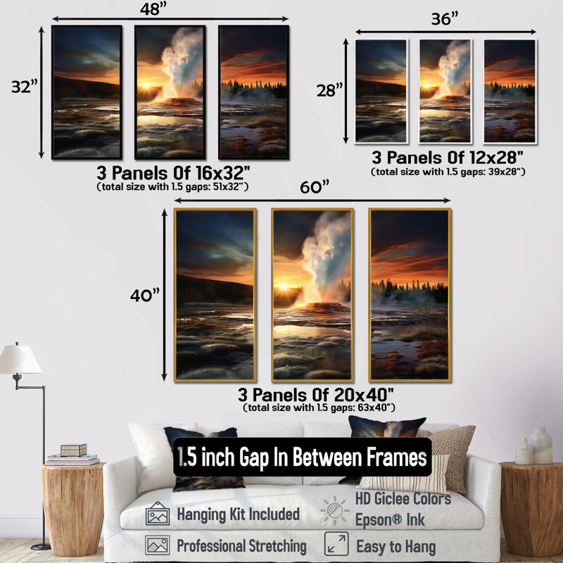 Volcanic Eruption At Sunset II - Geyser, ensemble d'art sur toile, Cadre flottant blanc, H 40 po x l 60 po x P 1 po