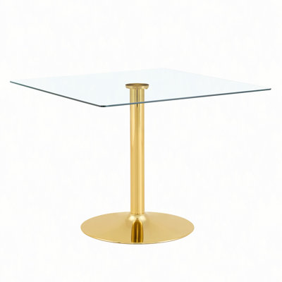Table de salle à manger 38,5 pouces moderne minimaliste carrée en verre avec base en métal à une colonne. Table de salle à manger à domicile. Convient pour 2 à 4 personnes.
