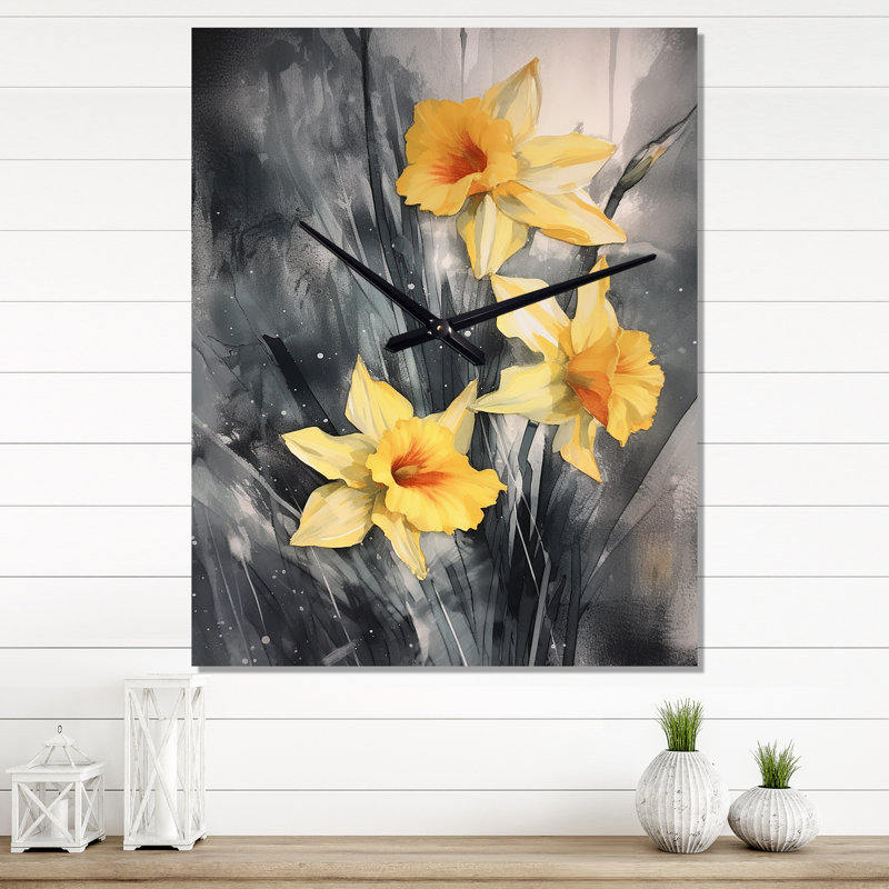 Horloge murale moderne jaune jaune et gris avec jonquilles Natures Impression II, Grand
