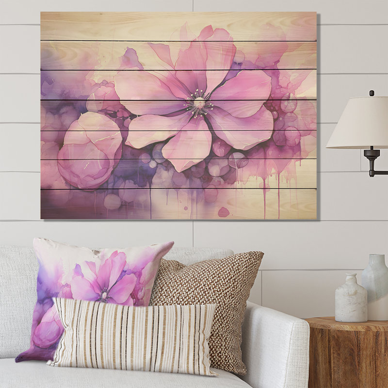 Encre botanique rose et mauve - Botaniques sur bois, H 24 po x l 32 po x P 0,78 po