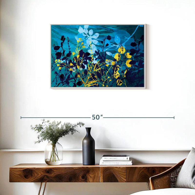 Feuillage de paysage doré et bleu, Cadre flottant blanc, 31 po x 21 po