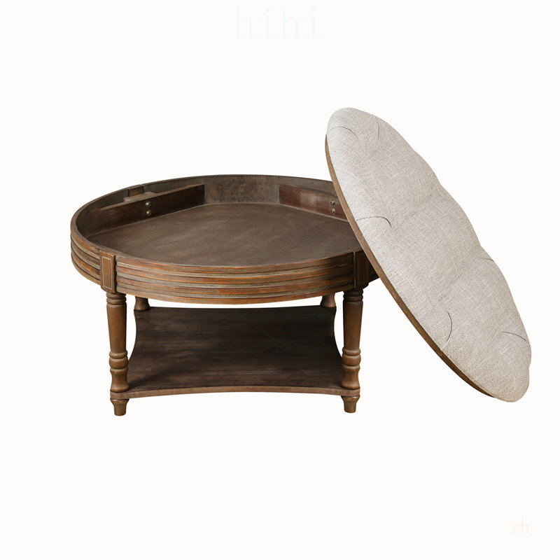 Grande table basse ronde avec repose-pieds imperméable avec rangement à 2 niveaux, conception capitonnée et tablette en bois pour un décor campagnard