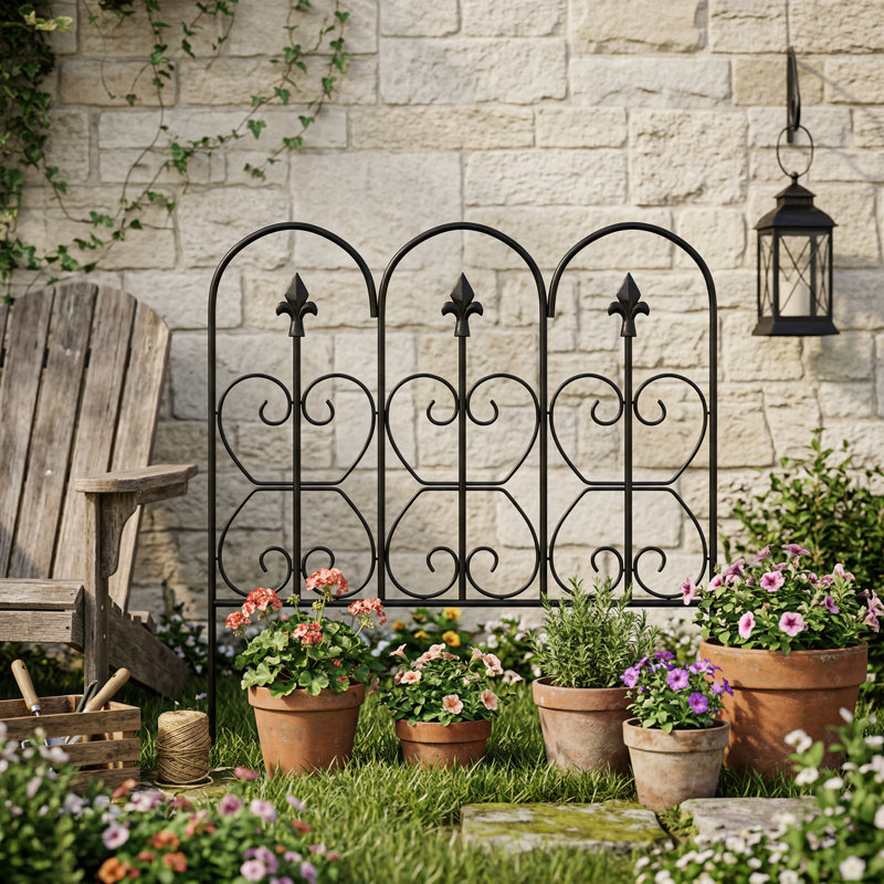 (5PC) Ensemble de panneaux de jardin d'extérieur décoratifs - clôture en fer noir avec dessus en arche