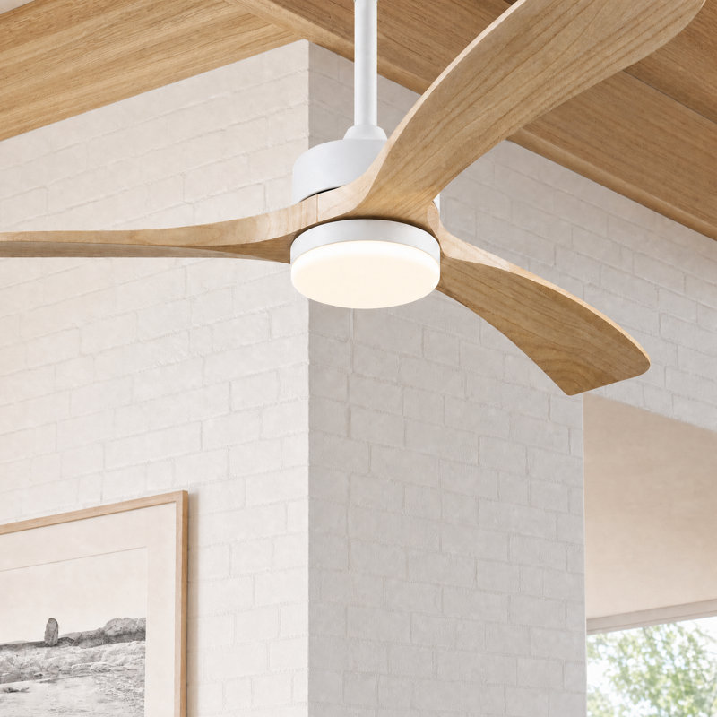 52" Modern Farmhouse Dimmable Ceiling Fan with LED Lights and Remote Control, White with Medium Yellow Wood Blade