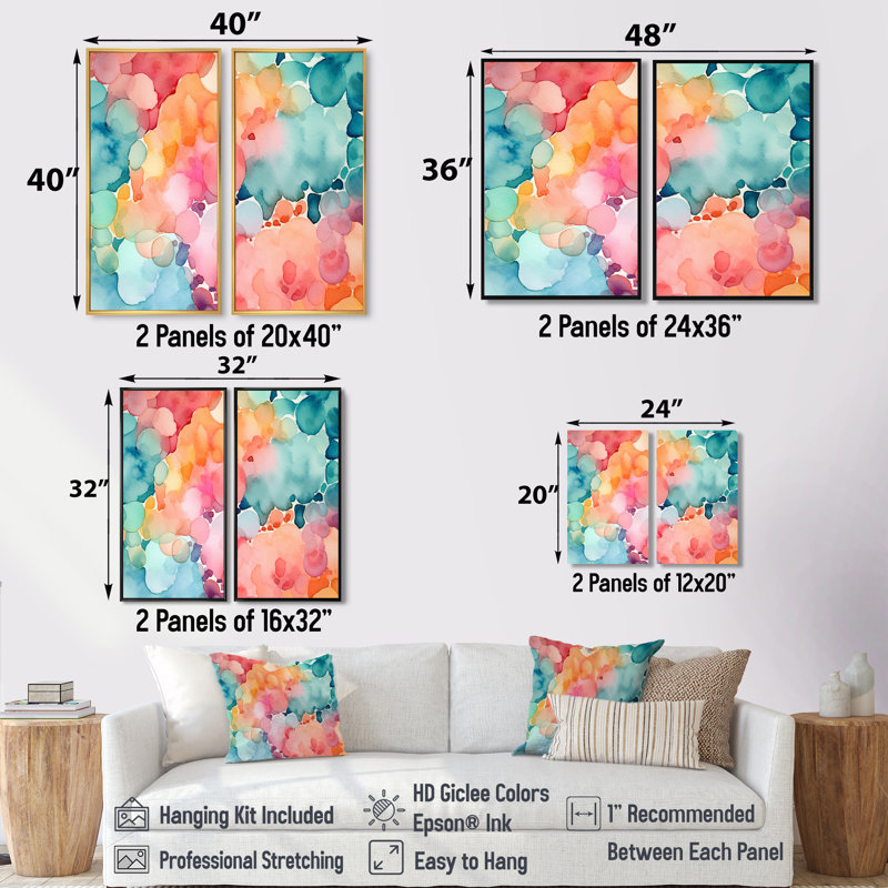 Rose et bleu sarcelle, éclaboussures enchantées - décoration murale moderne 2 panneaux, H 32 po x l 32 po, Brun