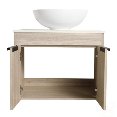 Meuble-lavabo flottant de conception moderne avec lavabo d'art en céramique, dalle de pierre plate blanche et petites tablettes de rangement, porte à fermeture douce
