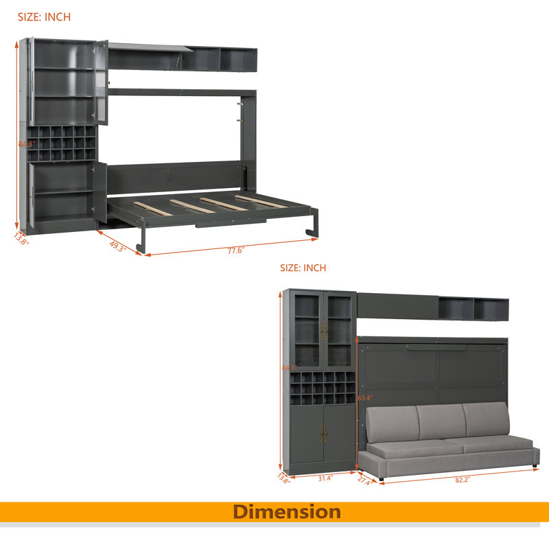 Lit escamotable mural avec canapé, tablettes USB et lumière Murphy, Gris, Double