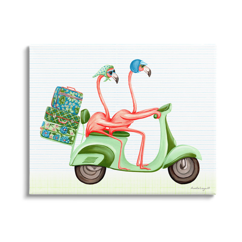 «Flamingo Couple Ride Motor Scooter Packed L bag» par Amelie Legault - impression sur toile, H 24 po x l 30 po x P 1,5 po