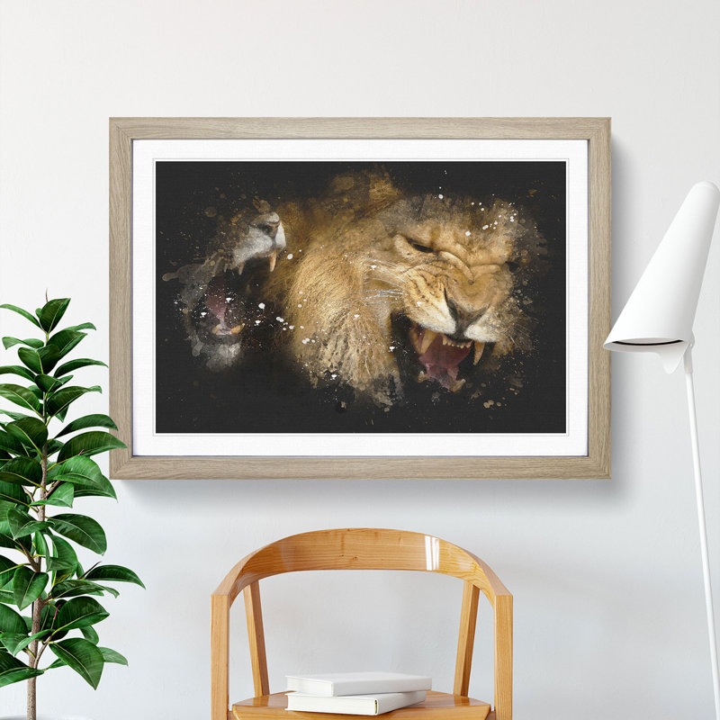 Two Lions - Picture Frame Graphic Art, Oak, 27cm H x 36cm W x 2cm D