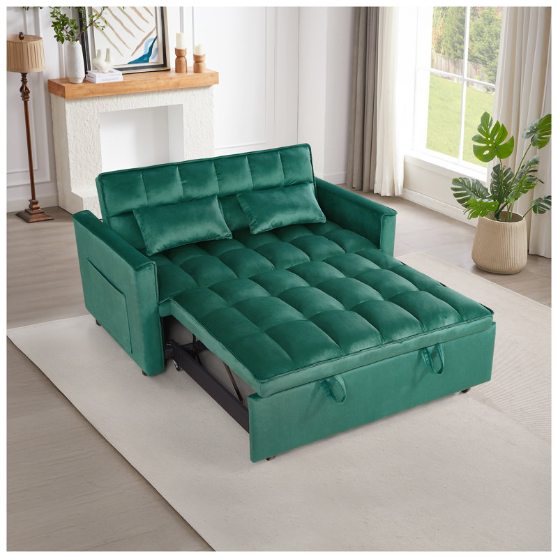 Canapé-lit moderne à 2 places coulissant, causeuse en velours de 54 po avec fonction pour lit double convertible, vert