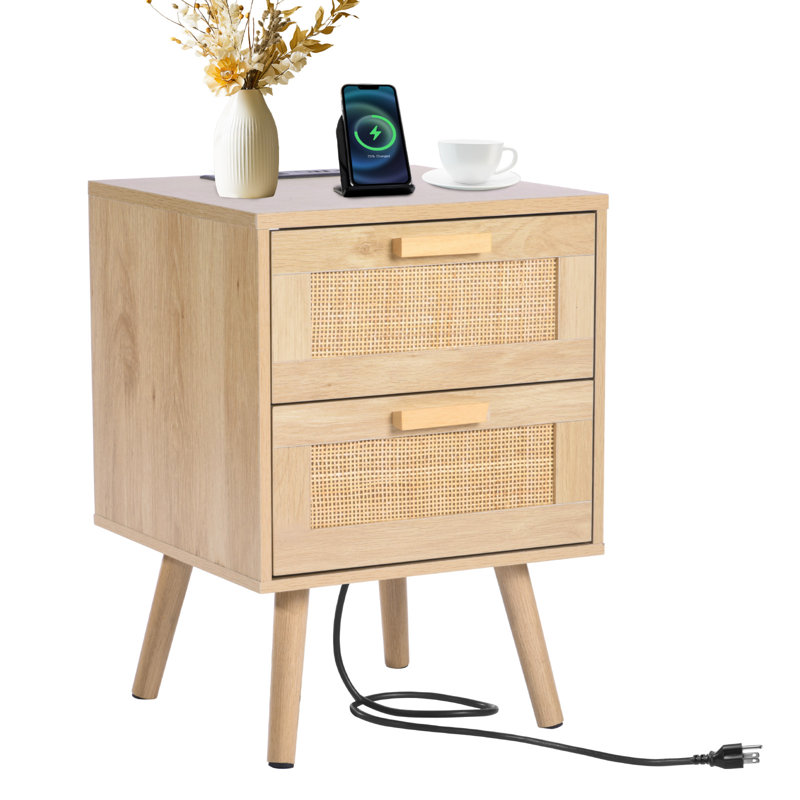 Rattan Nightstand End Table, Side Table with 2 Hand Made Rattan Decorated Drawers
