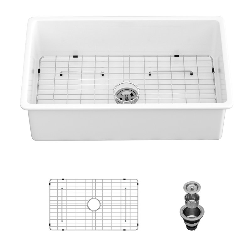 32" Undermount Single Bowl Ceramic Kitchen Sink - Dual Mount White Ceramic Rectangular Deep Single Bowl Sink Basin
