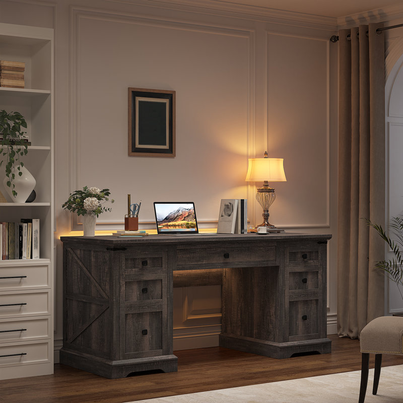 55'' Dark Rustic Oak Executive Desk with Power Outlet and USB Port