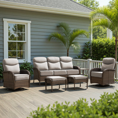 Alakai 7-Piece Outdoor Courtyard Wicker Family Conversation Set With Swivel Chairs And Coffee Table