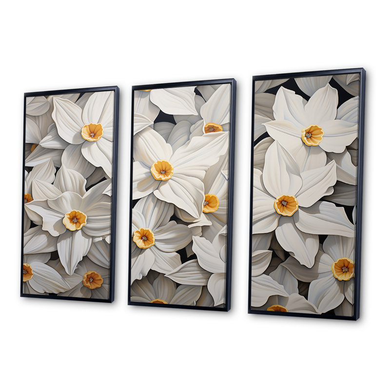 Minimalisme, jonquilles blanches III - ensemble de jonquilles sur toile, Cadre flottant noir, H 40 po x l 60 po x P 1 po