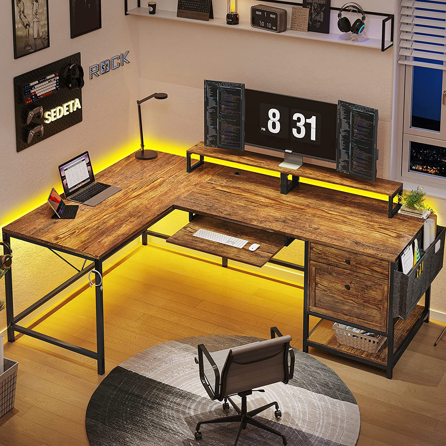 94.5 Home Office Desks, Computer Gaming Desk with Storage, LED Lights,  Power Strip with USB, Keyboard Tray & Monitor Stand, Extra Long Double Desk  for 2 Person, Rustic Brown 