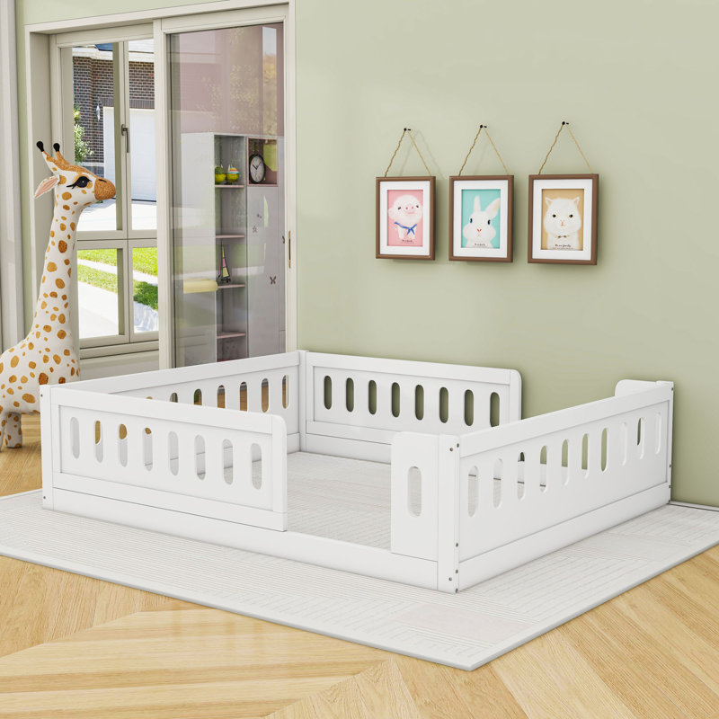 Lit double en bois avec clôture semi-fermée, Blanc