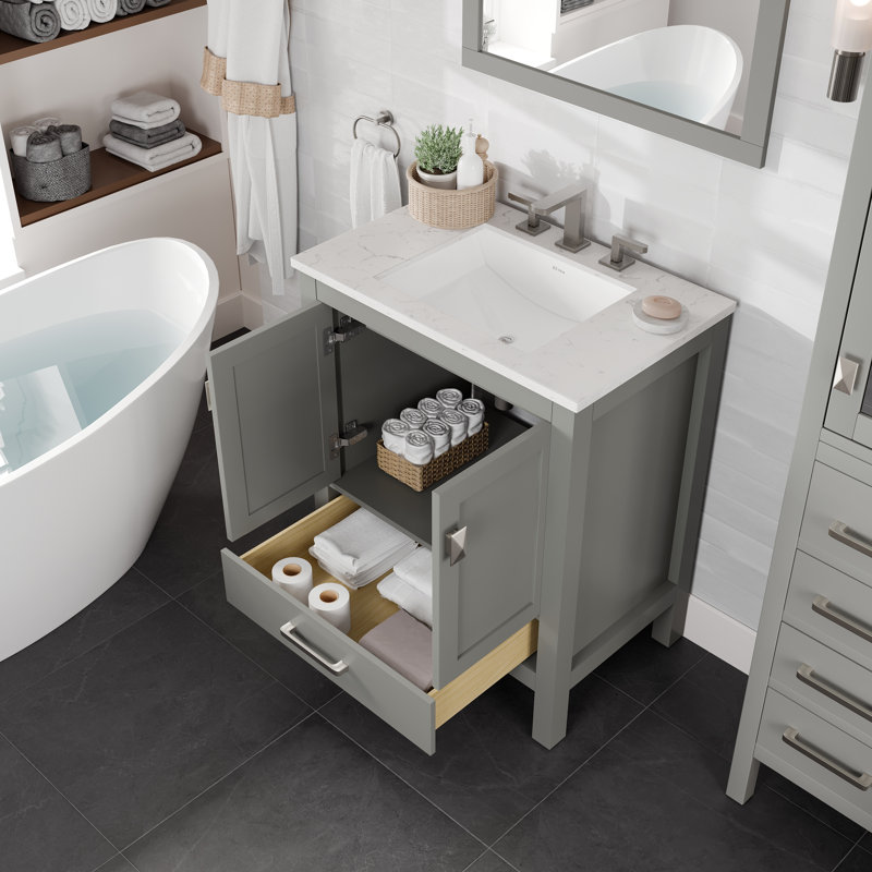 Minnich 30"W x 22"D Bathroom Vanity with White Carrara Countertop and Undermount Porcelain Sink, Gray, Quartz - White Carrara