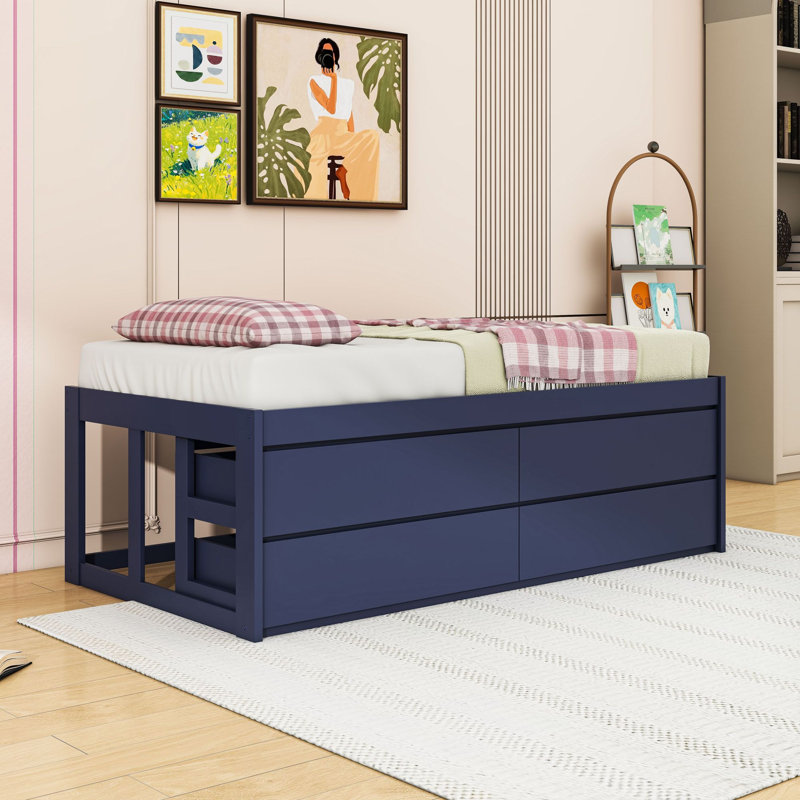 Lit plateforme de rangement en bois avec tiroirs, Lit simple, Navy Blue