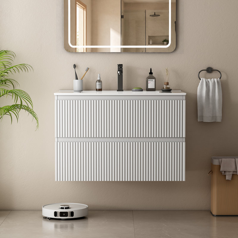Meuble-lavabo mural simple avec lavabo en céramique et 2 tiroirs, Blanc, 31.5