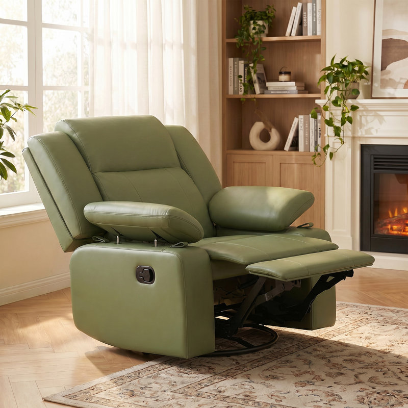 34”W Upholstered Swivel Reclining Rocking Chair, Green