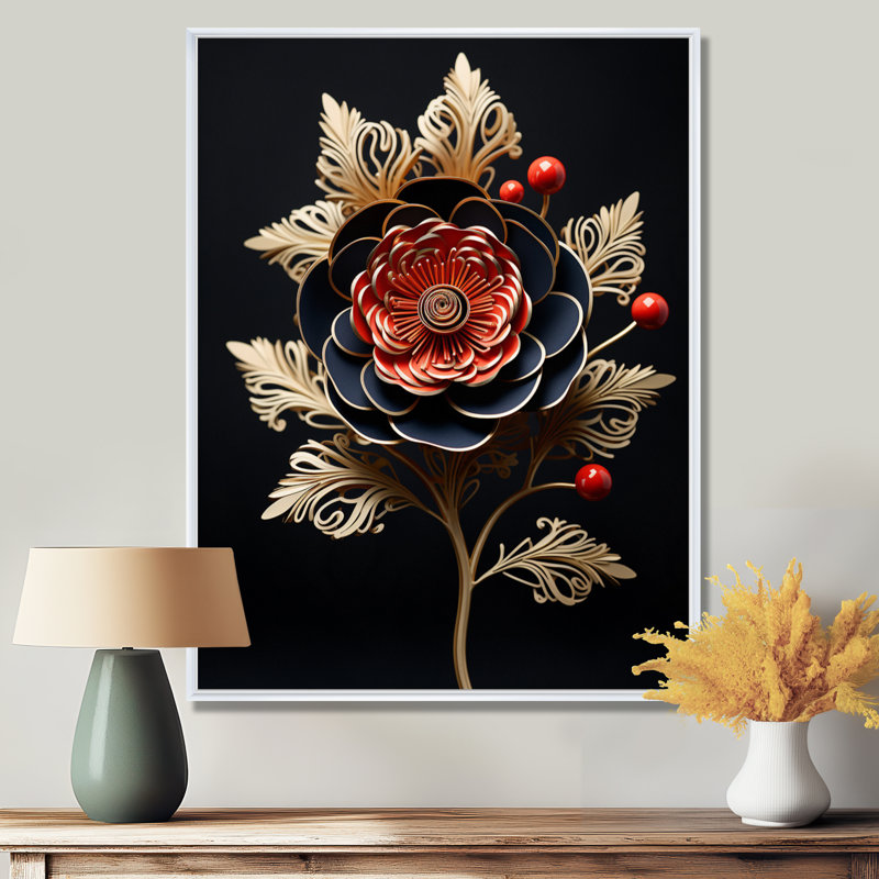 Red Glam Peony Golden Leaves - impression d'art mural pivoine, Cadre flottant blanc, bois massif