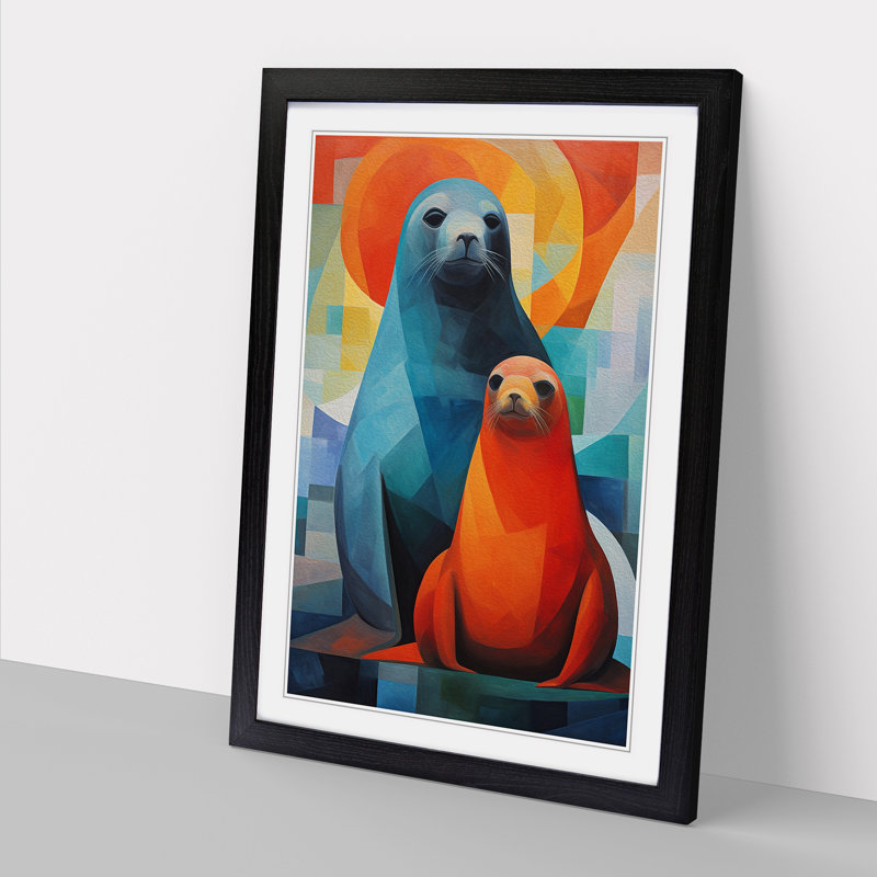Seal Cubism - Single Picture Frame Print on Wood, Black, 46cm H x 34cm W x 2cm D